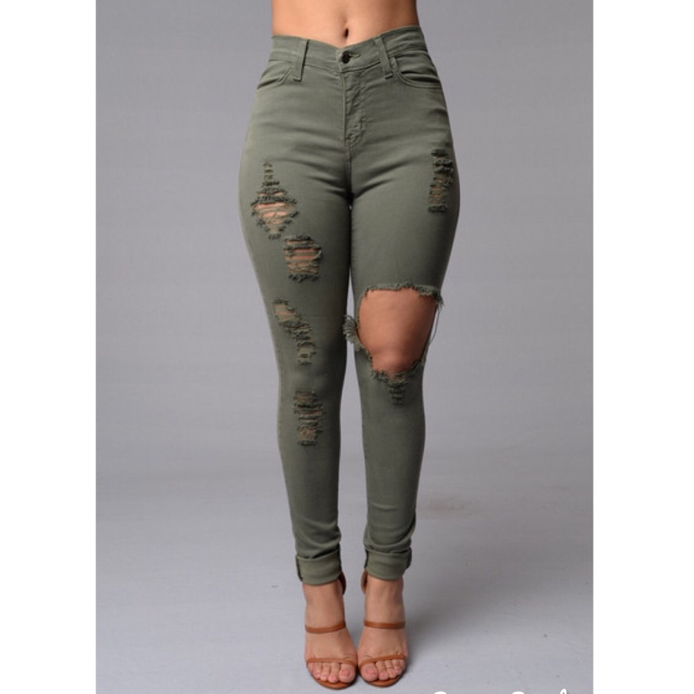 Fashion Nova Glistening Jeans- Olive- Size 9 (W28)